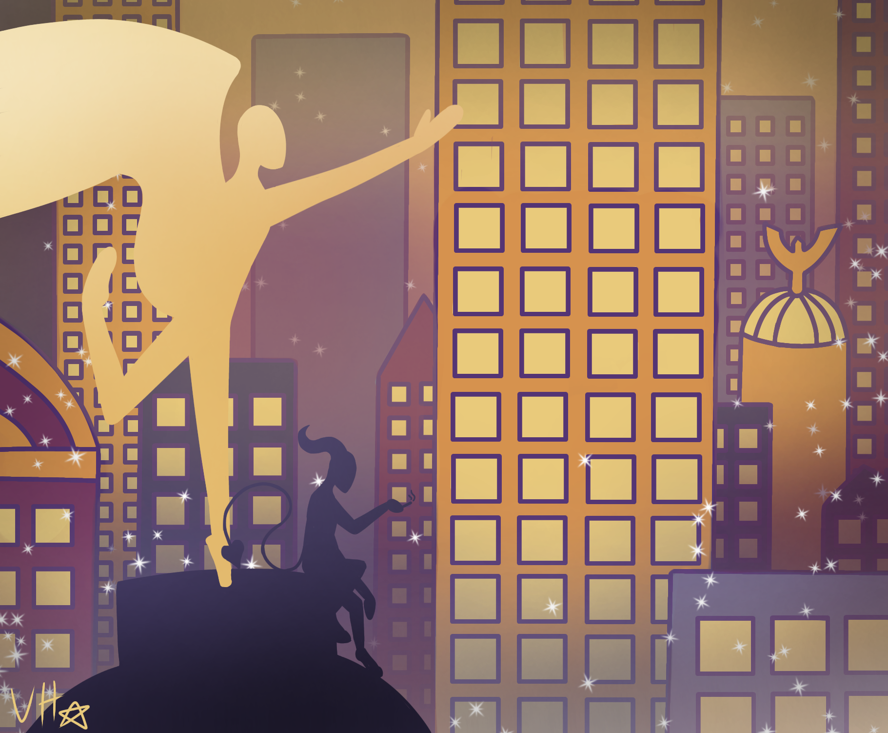 renaissance smoking while sitting under an angel statue